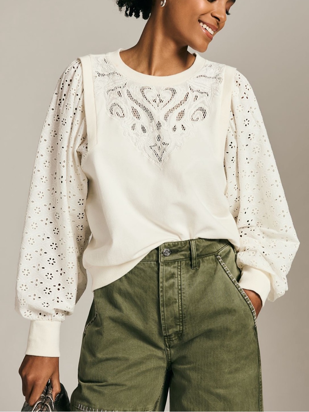 Anthropologie Pilcro Lace Eyelet Sweatshirt Romantic Boho Cottagecore Size M